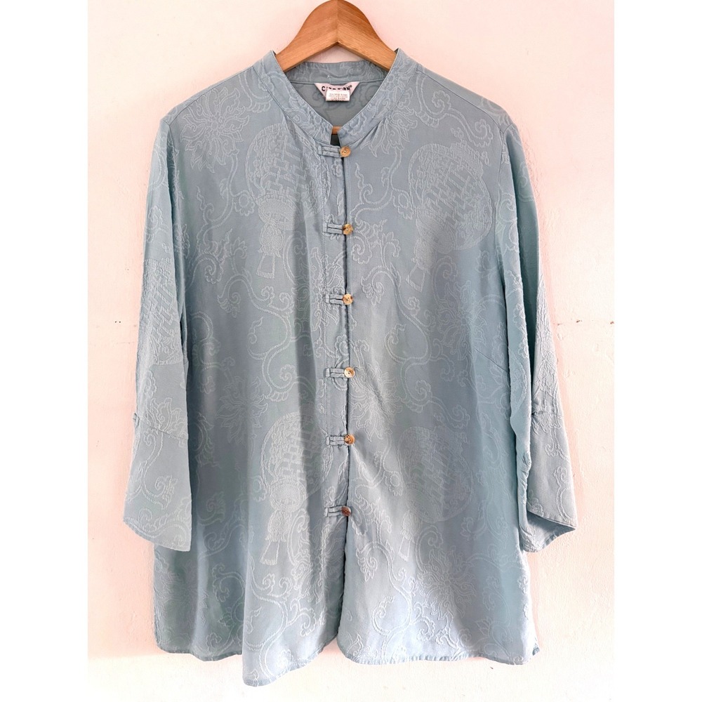 Citron Santa Monica Silk Cotton Blue Jacquard Mandarin Frog Button Blouse 1X